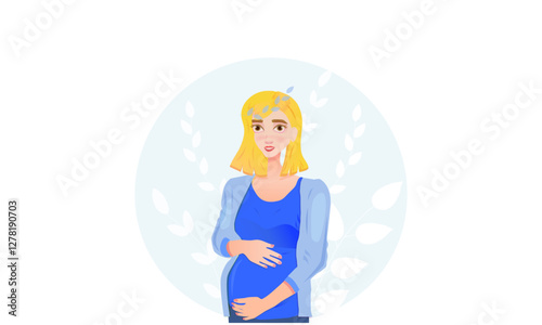  Pregnant woman, light hair, blue dressed, on a floral background. Vector illustration.