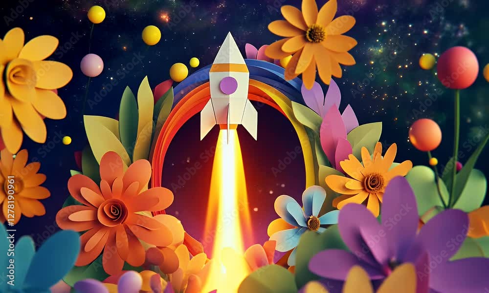 Colorful paper rocket launching through a vibrant flower garden under a starry sky