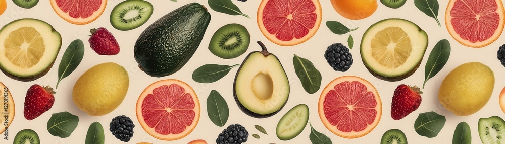 Fresh Vibrant Fruit Collection with Avocado, Citrus, Berries, and Leafy Green Elements on Beige Background Fresh Vibrant Fruit Collection with Avocado, Citrus, Berries, and Leafy Green Elements on Beige Background