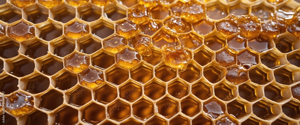 Close-up of honeycomb with golden honey dripping on wax cells, natural product from bees, organic and sweet. Close-up of honeycomb with golden honey dripping on wax cells, natural product from bees, organic and sweet.