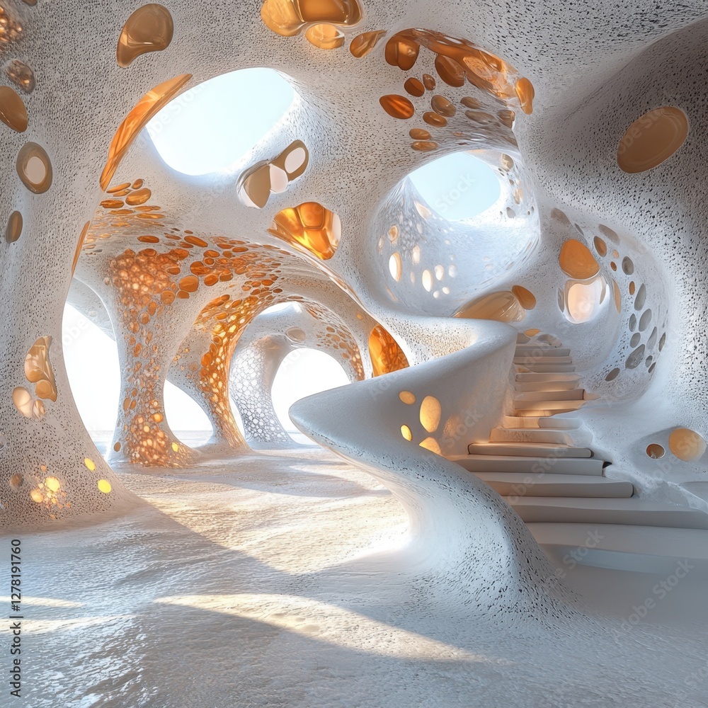 Surreal Interior with Organic Architecture and Soft Light Creating a Dreamlike Atmosphere and Modern Design with Unique Forms and Abstract Shapes Surreal Interior with Organic Architecture and Soft Light Creating a Dreamlike Atmosphere and Modern Design with Unique Forms and Abstract Shapes