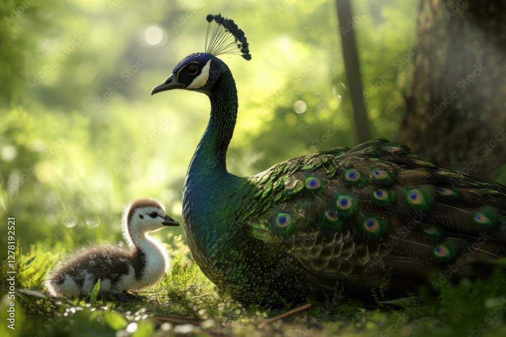 Female Peacock and Baby in Natural Grass Habitat Female Peacock and Baby in Natural Grass Habitat