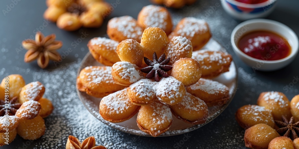 Fototapeta premium Decorative platter of flower-shaped fried pastries dusted with powdered sugar, surrounded by star anise and bowls of sauce.