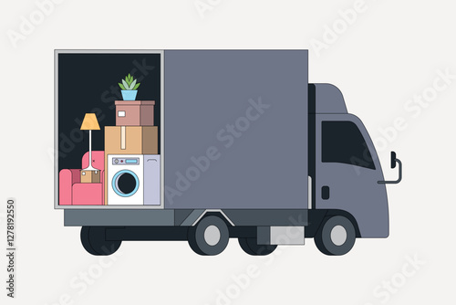 Gray moving truck, flat collage element vector