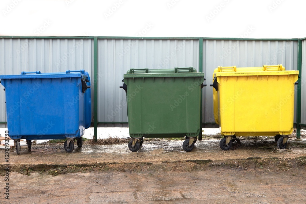 Container for separate garbage collection. Close up photo of three recycle bins on the city street with a copy space for the text. Container for separate garbage collection. Close up photo of three recycle bins on the city street with a copy space for the text.