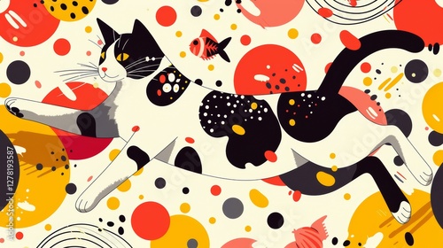 Playful cat floats amid colorful abstract shapes and fish