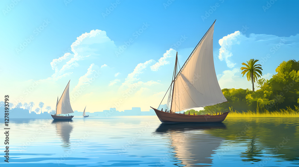 Fototapeta premium Tranquil sailing scene, two white-sailed boats gliding on calm waters, vibrant blue skies and lush greenery in background.