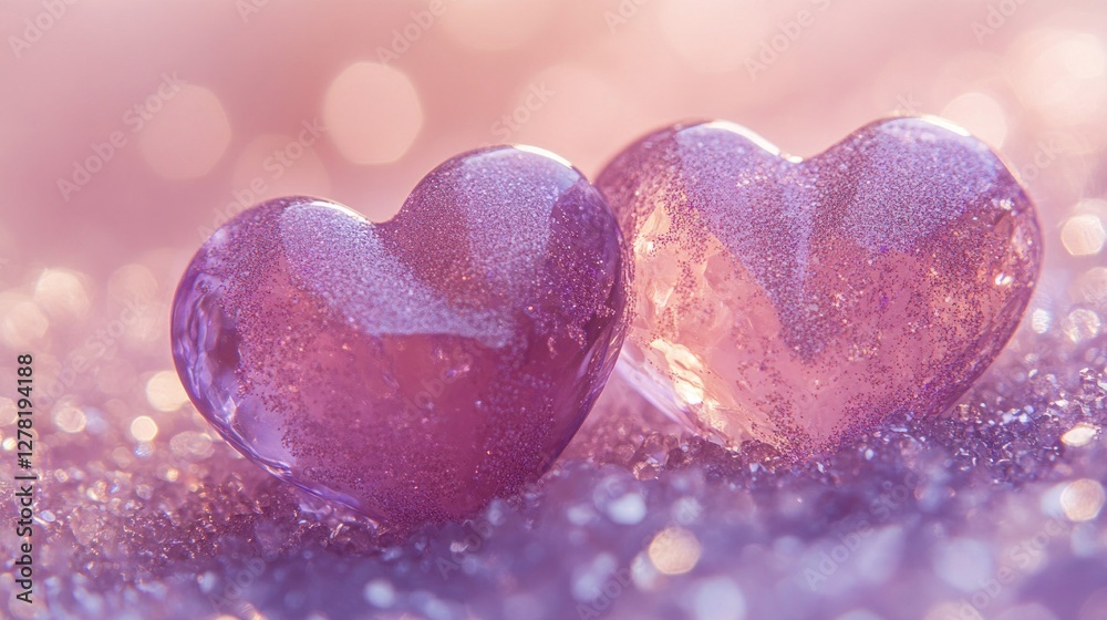 Fototapeta premium Two glistening pink hearts on sparkling background