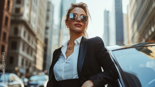 A stylish businesswoman standing outside a luxury car in a financial district