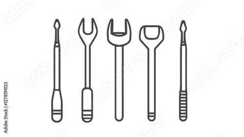 Line art silhouette of various tools in grey on white background for tool concept