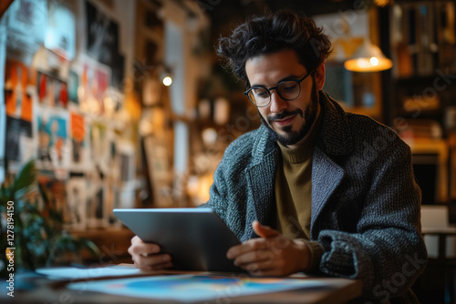 Creative Designer Using Tablet for Work in a Cozy Art Studio