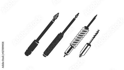 Silhouette of various drill bits in black on white background for tool concept