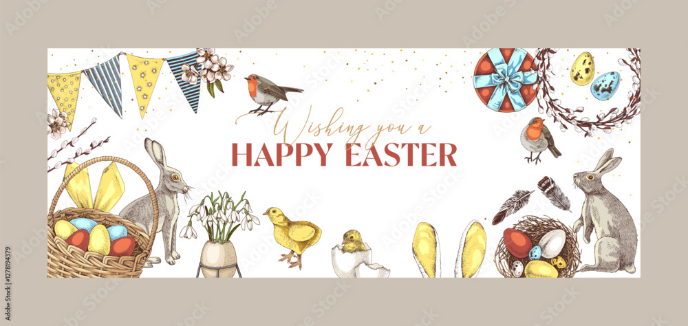 Fototapeta premium Easter holiday banner with hand drawn elements