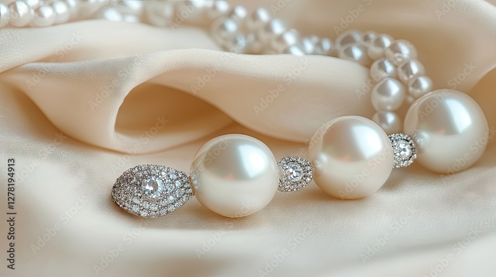 A chic pearl accessory set placed beside an elegant ivory evening gown A chic pearl accessory set placed beside an elegant ivory evening gown