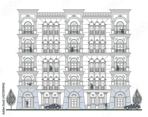 Facade of 5 storey symmetrical classical  building with 10 doors, 14 windows, crowns, frames, balustrade, stair, canopy, balcony, trapezoidal wall and its design elements.