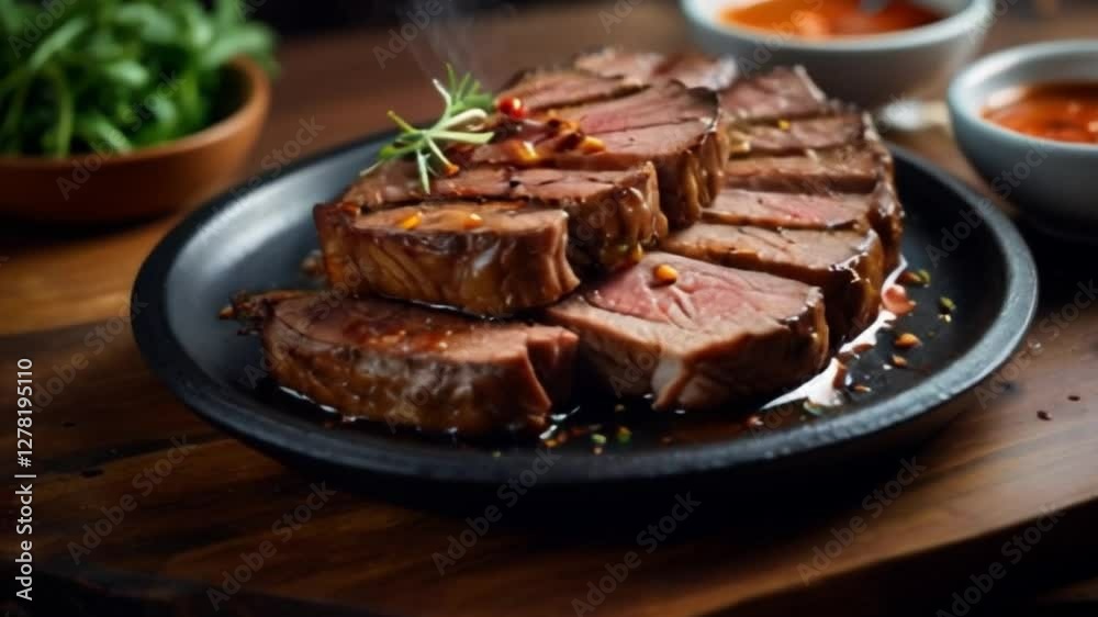 Juicy Slices of Roast Beef with Sauces on Wooden Table Juicy Slices of Roast Beef with Sauces on Wooden Table