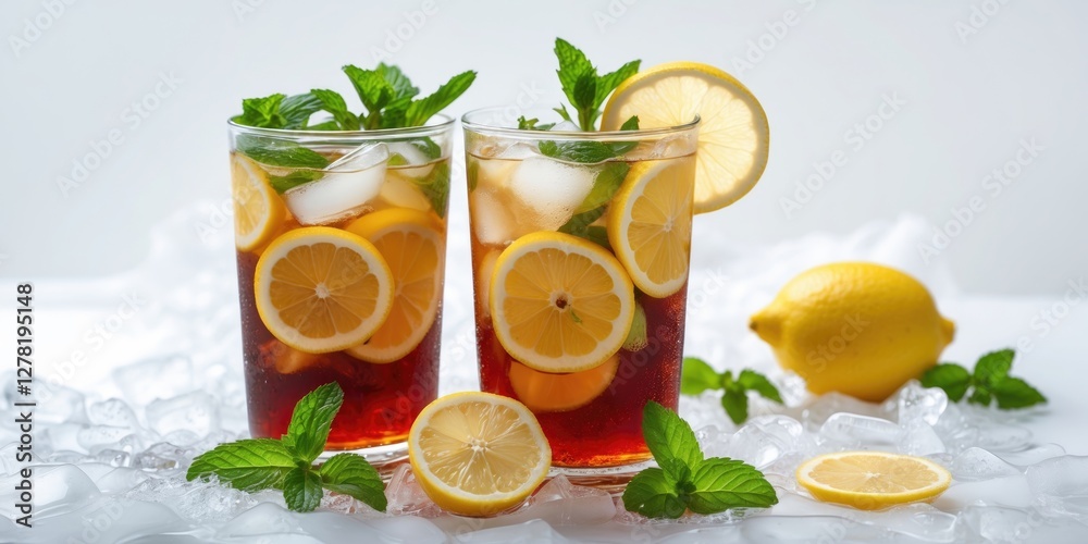 Fototapeta premium Iced tea with lemon slices and mint leaves in two glasses on a bed of ice with fresh lemons and mint sprigs around