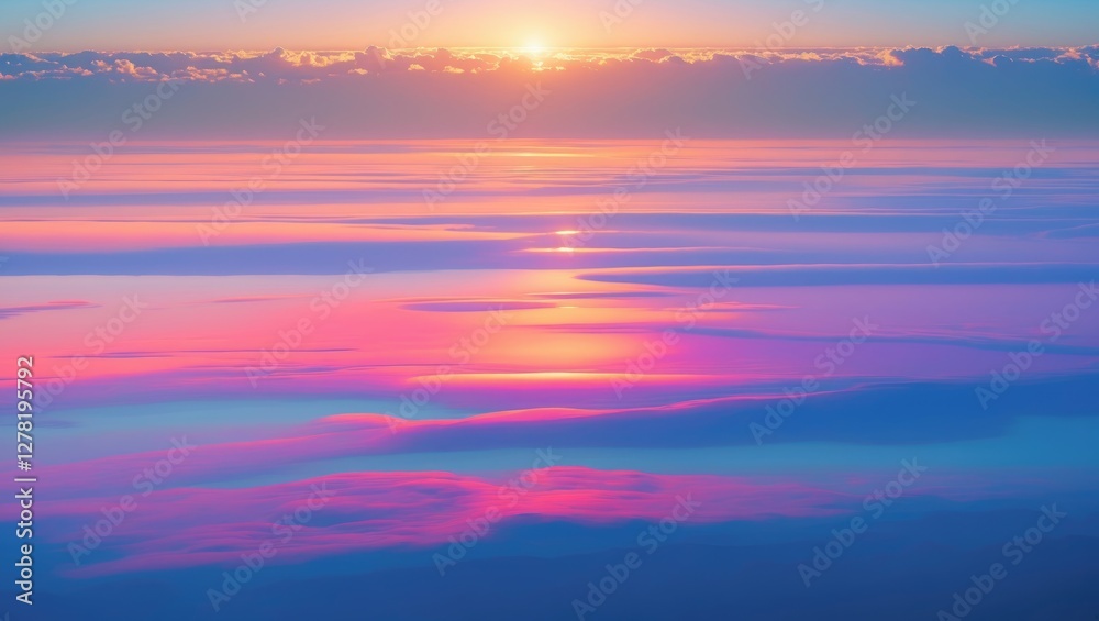 Colorful aerial view of sunset over calm ocean water with reflective surface and clouds in pastel tones Colorful aerial view of sunset over calm ocean water with reflective surface and clouds in pastel tones