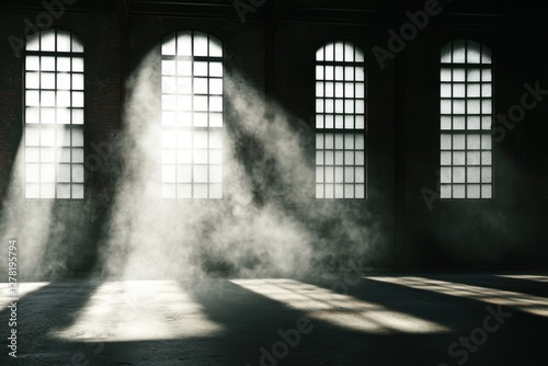 Mysterious light streaming dusty warehouse windows