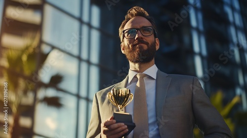 A successful entrepreneur holding a trophy at a business award ceremony