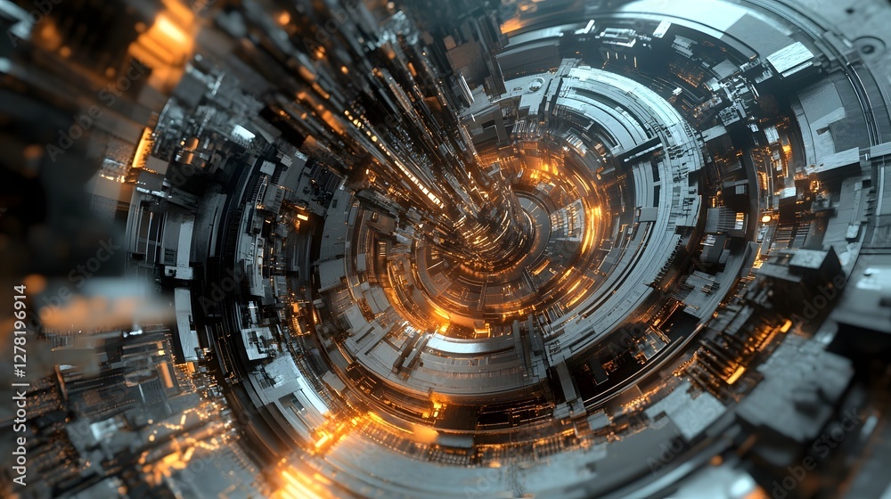 Fototapeta premium Explosive digital vortex tunnel with a glowing radiant energy burst erupting from the center A futuristic portal to hyperspace cosmic realms and fantastical dimensions Swirling lights rays