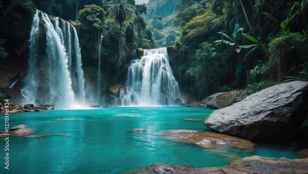 Fototapeta premium Lush tropical waterfall cascading into clear turquoise pool surrounded by dense greenery and large rocks in serene natural landscape