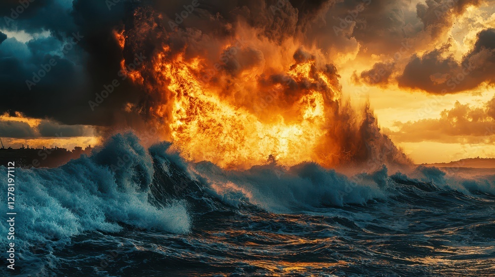 Fototapeta premium Dramatic Ocean Waves with Fiery Eruption at Sunset
