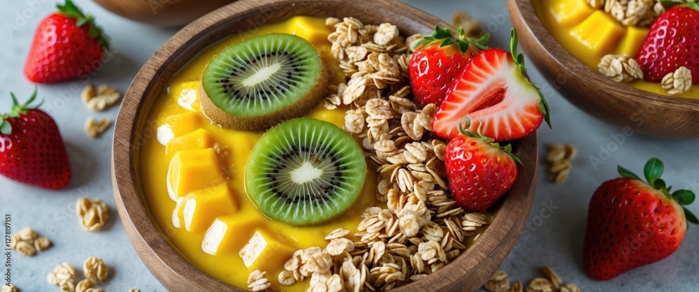 custom made wallpaper toronto digitalFruit smoothie bowl with mango, kiwi, strawberries, and granola in wooden bowls on textured surface.