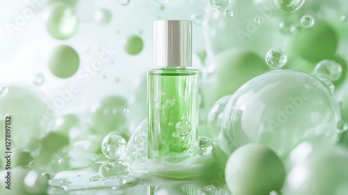 Luxurious jade-tinted beauty serum with delicate oxygen microbubbles floating in transparent gel matrix, pearlescent sheen with subtle green undertones, therapeutic skincare texture, pristine photo