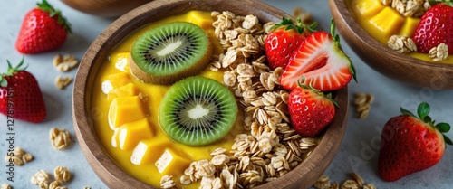 Wallpaper Mural Fruit smoothie bowl with mango, kiwi, strawberries, and granola in wooden bowls on textured surface. Torontodigital.ca