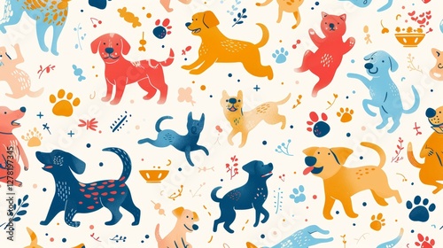 Playful dogs and cats pattern, whimsical design, on white background