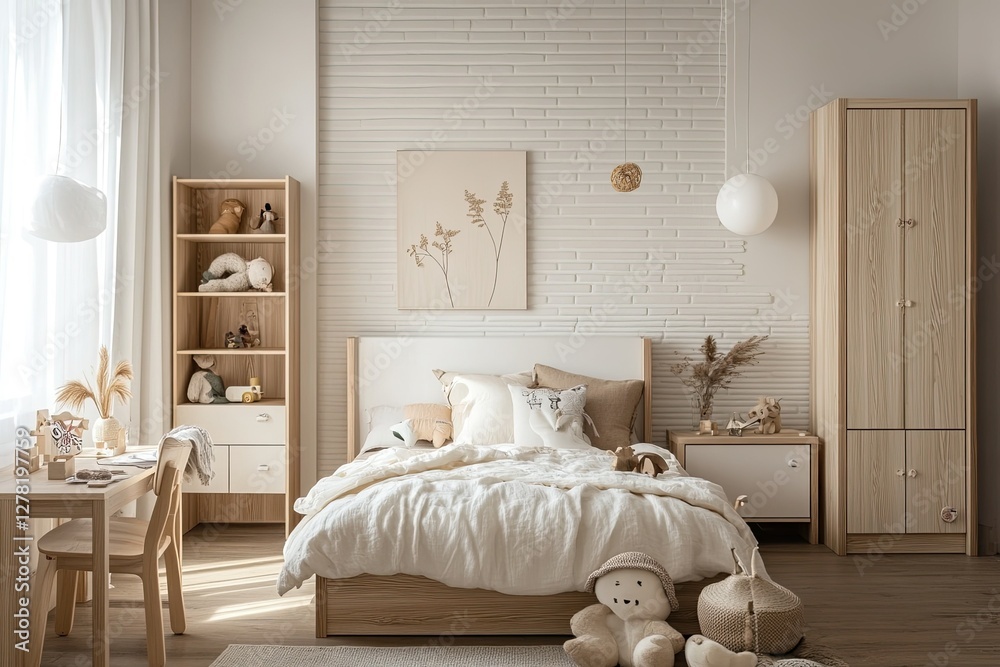 Obraz premium Childrens Bedroom Decorated In Light Wood Tones