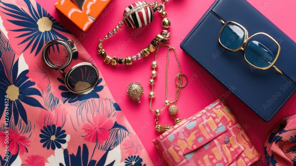 Fototapeta premium A flat-lay of jewelry arranged to complement a patterned and solid-colored outfit