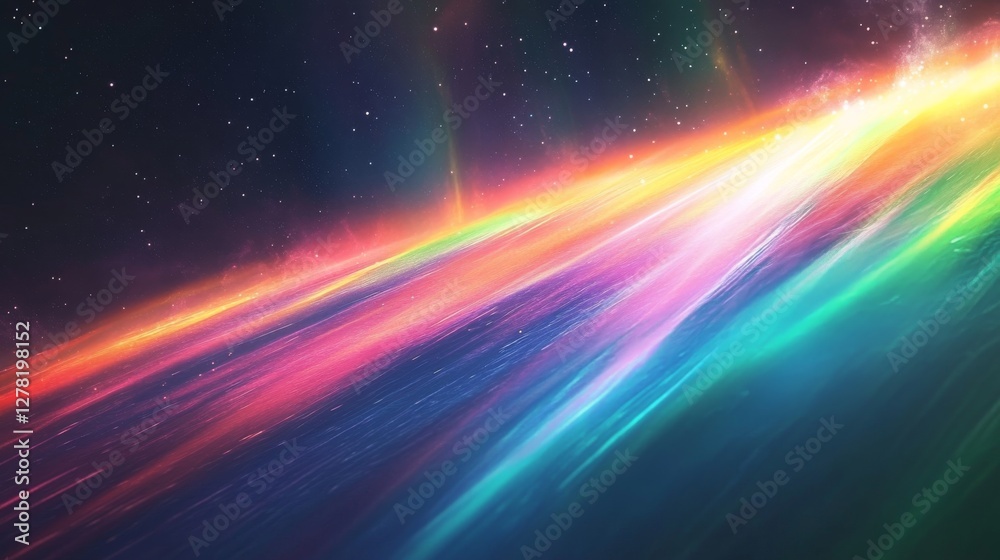 Obraz premium Mystical aurora borealis inspired background, delicate iridescent light streaks, gentle diagonal rainbow flow, crystalline reflective surface, ethereal translucent overlay, premium abstract art,