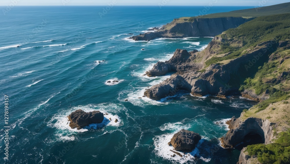 Aerial view of rugged coastline with rocky formations and waves crashing on shore under clear blue sky.