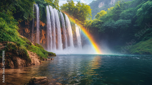 Rainbow forming over a pristine waterfall, with vibrant colors contrasting against the mist photo