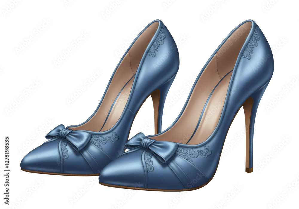 Pair of Blue Satin High Heels with Bows Pair of Blue Satin High Heels with Bows