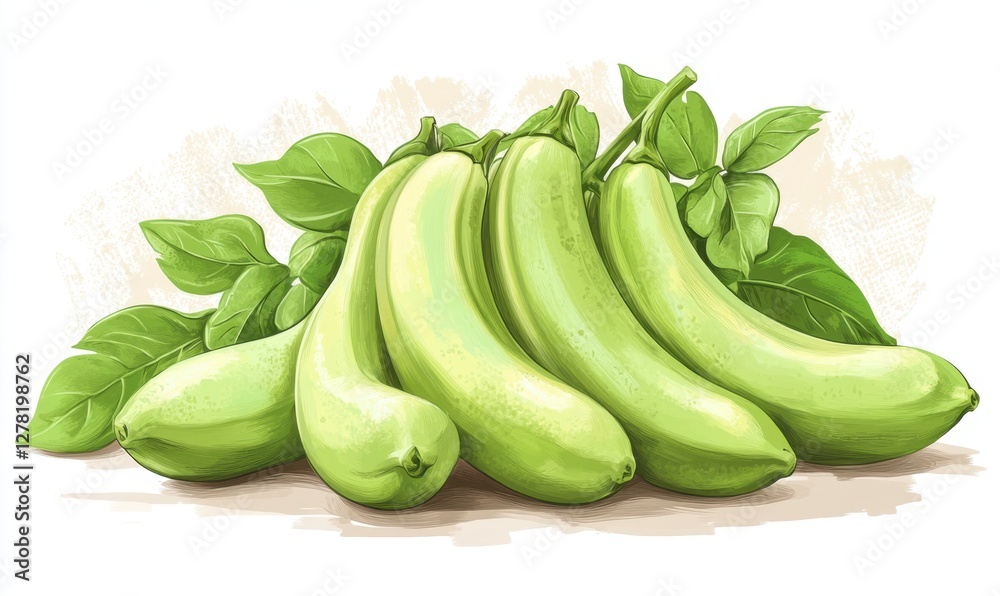 A cluster of green bananas resting on soft leaves with a subtle textured background A cluster of green bananas resting on soft leaves with a subtle textured background