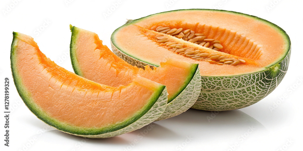 Fresh Slice of Cantaloupe Melon Isolated on a White Background for Healthy Snacking Fresh Slice of Cantaloupe Melon Isolated on a White Background for Healthy Snacking
