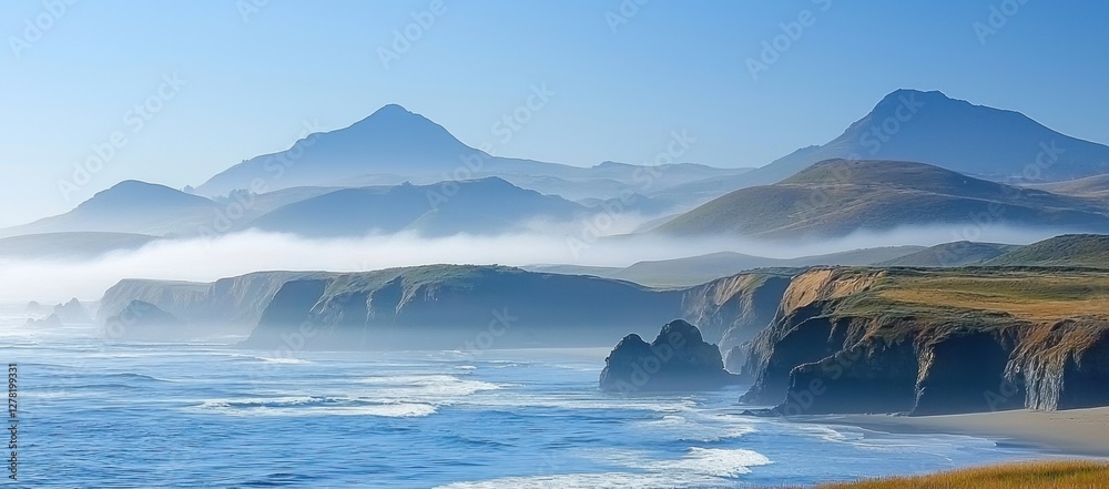 Fototapeta premium Misty coastal landscape with dramatic cliffs and mountains.