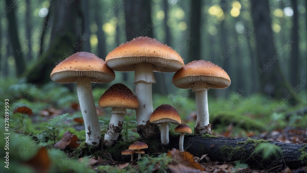 Group of wild mushrooms with orange caps growing on the forest floor surrounded by green foliage and soft sunlight filtering through trees Group of wild mushrooms with orange caps growing on the forest floor surrounded by green foliage and soft sunlight filtering through trees