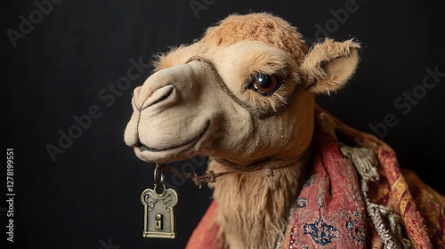 Stuffed camel holding a treasure chest key