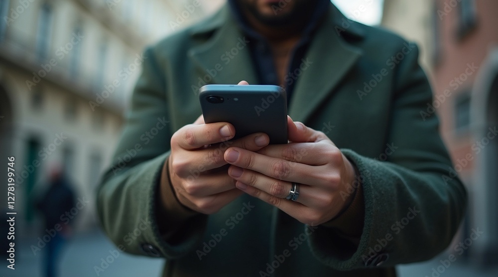 Close up of a man in a coat holding handphone Close up of a man in a coat holding handphone