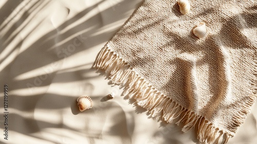 Minimalist beach flat lay featuring a high-end woven beach towel with tasseled edges on smooth sand, organic shadow play from palm leaves creating natural vignette effect, scattered tiny seashells photo