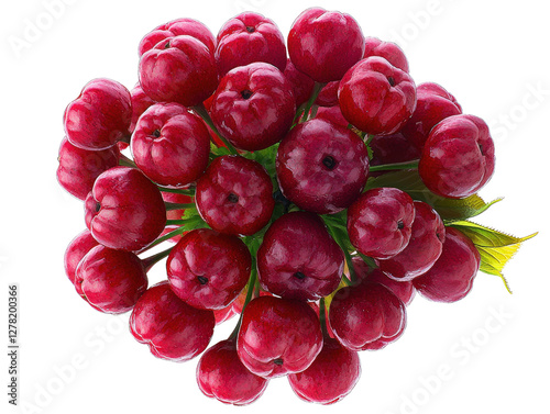 Hyper-Detailed Close-Up of Vibrant Red Fruits with Glossy Finish and Green Leaves
