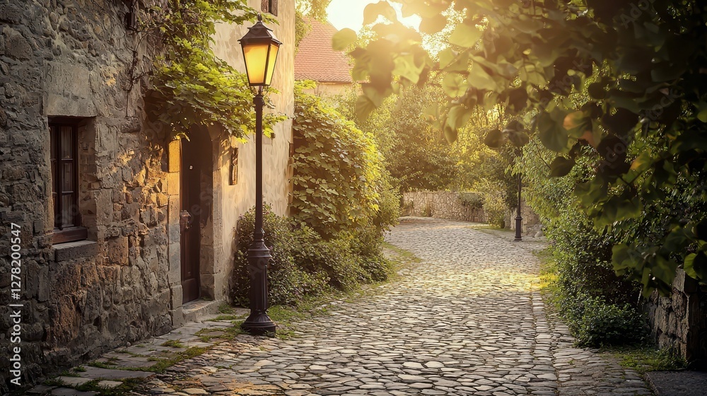 Fototapeta premium Tranquil Village Pathway with Lantern and Warm Sunset Glow