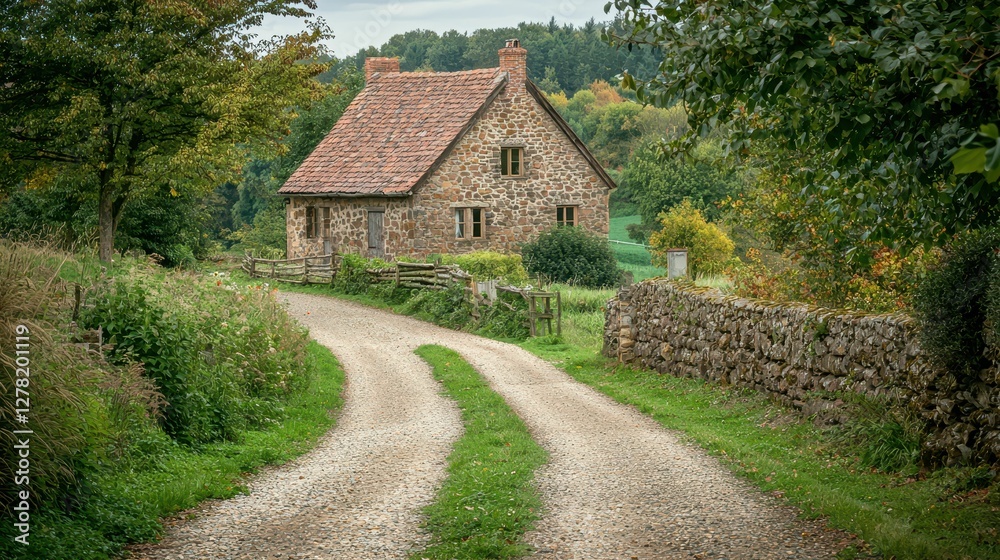 Fototapeta premium Cozy Stone Cottage Surrounded by Nature on Serene Country Road