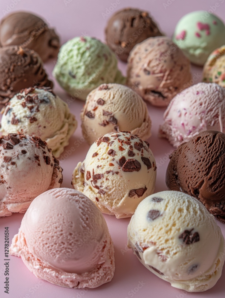 Array of Delicious Ice Cream Scoops on Pink Background Capturing Summer Refreshment and Sweet Indulgence in a Colorful Composition Array of Delicious Ice Cream Scoops on Pink Background Capturing Summer Refreshment and Sweet Indulgence in a Colorful Composition