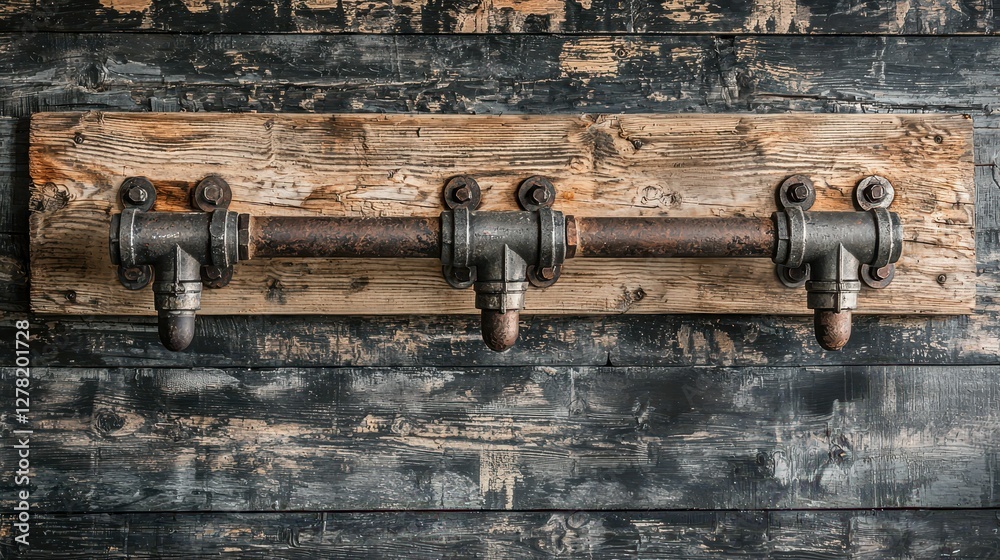 Industrial Style Pipe Shelf Bracket on Weathered Wooden Background Industrial Style Pipe Shelf Bracket on Weathered Wooden Background