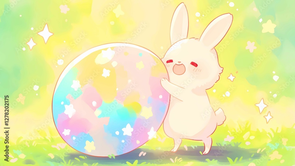 Obraz premium a cartoon rabbit with a large colorful ball in a field.